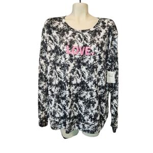 Women's Pillow Talk Black and White Tie-Dye Top with Pink 'LOVE' Graphic Size XL